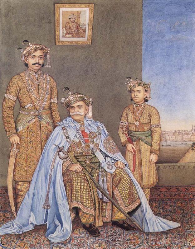 Madho Prasad,Ramnagar His Highness Ishwari Prasad Narayan Singh,Maharaia of Benares Seated,with Prabhu Narayan Singh and Aditya Narayan Singh Standing Behind as well as a p oil painting image